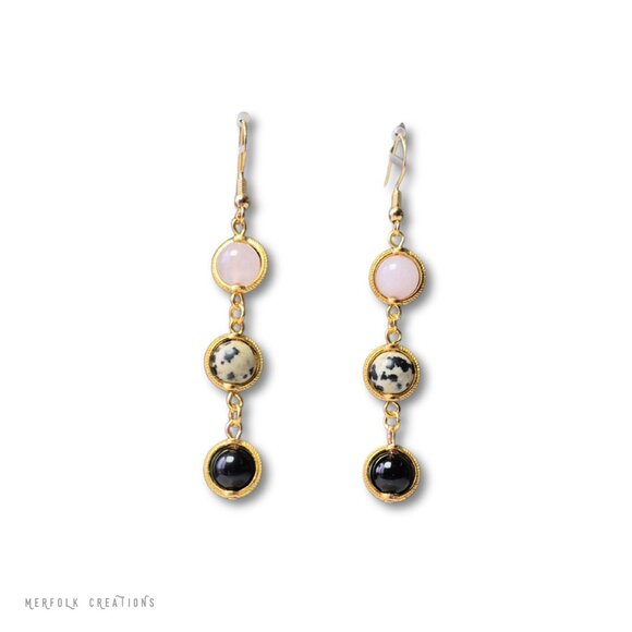 Dalmatian Jasper, Rose Quartz and Black Obsidian Earring Dangles - Picture 2 of 7